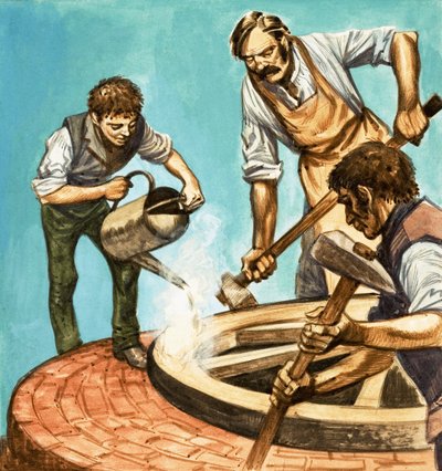 ذات مرة ... حياة القرية منذ مائة عام. تضع عجلات العجلات الحافة الحديدية على عجلة بواسطة بيتر جاكسون