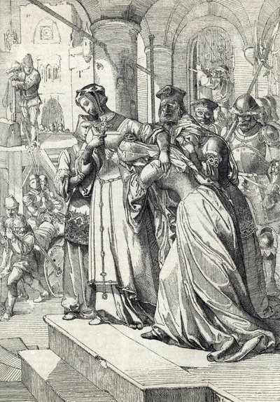 تم إعدام ليدي جين جراي (جين جراي) (1537-1554) جين جراي في عام 1554 في برج لندن (إعدام السيدة جين جراي) رسم الريش من أنطون زيجلر "Historische Memorabilian des In-und Auslandes" بواسطة بيتر يوهان نيبوموك جيجر