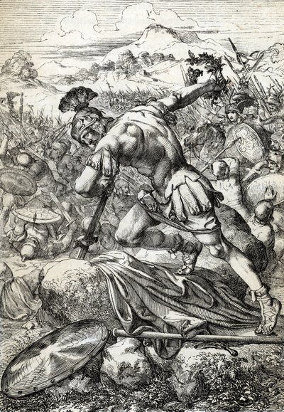 انتحار الجنرال الروماني فاروس (بوبليوس كوينكتيليوس فاروس) (46 ق.م - 9 م) على سيفه في معركة تويتوبورغ (تويتوبورج والد أو توتبرج) معارضة الرومان للألمان في 9 م (انتحار الجنرال الروماني فاروس في معركة تويتوبورغ من أجل بواسطة بيتر يوهان نيبوموك جيجر