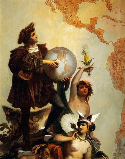 كريستوفر كولومبوس (1451-1506) ، تفاصيل من Allegory on Charles V of Habsburg (1500-1558) كحاكم للعالم ، لوحة بيتر يوهان نيبوموك جيجر (1805-1880) ، Throne Room ، قلعة Miramare ، تريست ، فريولي فينيتسيا جوليا ، إيطاليا بواسطة بيتر يوهان نيبوموك جيجر