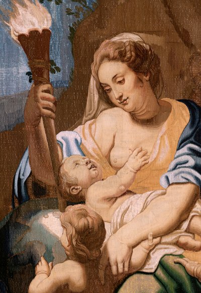 نسيج فلمنكي. سلسلة انتصار القربان المقدس. رمزية للأعمال الخيرية تنير العالم (Alegoría de la Caridad iluminando al mundoà. نسيج عشرين في السلسلة. نموذج بيتر بول روبنز. 1626-1628. مصنع Jan II Raes ، بروكسل بواسطة بيتر بول (بعد) روبنز