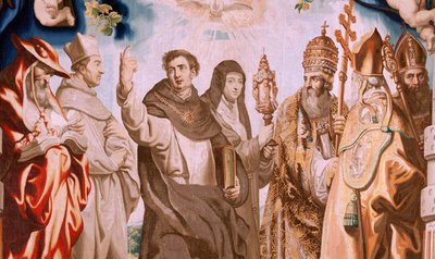 نسيج فلمنكي. سلسلة انتصار القربان المقدس. المدافعون عن القربان المقدس (os defensores de la Eucaristía). النسيج العاشر في السلسلة. نموذج بيتر بول روبنز. 1626-1628. مصنع جان الثاني رايس ، هانز فيرفورت ، جاك فوبرت ، بروكسل بواسطة بيتر بول (بعد) روبنز