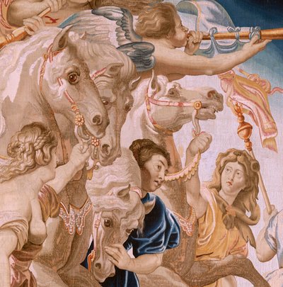 نسيج فلمنكي. سلسلة انتصار القربان المقدس. انتصار الكنيسة (El Triunfo de la Iglesia). النسيج الثامن في السلسلة. نموذج بيتر بول روبنز. 1626-1628. تصنيع Jan II Raes ، بروكسل بواسطة بيتر بول (بعد) روبنز