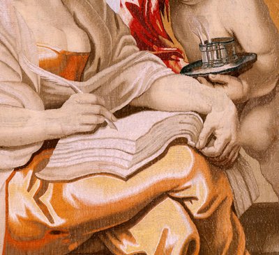 نسيج فلمنكي. سلسلة انتصار القربان المقدس. الحكمة مستوحاة من الروح القدس (La Sabiduría inspirada por el Espíritu Santo). النسيج التاسع عشر في السلسلة. نموذج بيتر بول روبنز. 1626-1628. تصنيع جاكوب الثاني جيوبيلز ، بروكسل بواسطة بيتر بول (بعد) روبنز