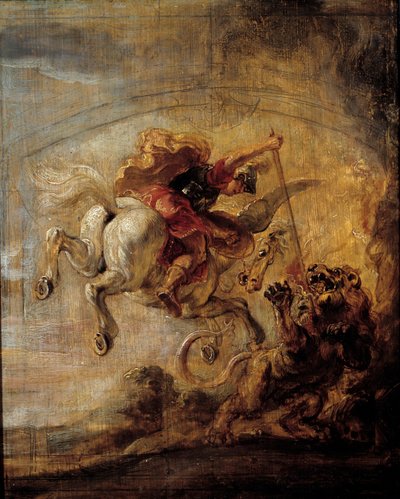 يتسلق Bellerophon على Pegase من خلال رمحه على chimere اللوحة بواسطة Pierre Paul (Pierre-Paul) Rubens (أو Peter Paul أو Petrus Paulus) (1577-1640) بواسطة بيتر بول روبنز