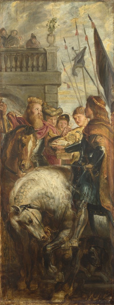 خلاف بين كل من Kings Clothar و Dagobert مع هيرالد من الإمبراطور موريشيوس. Sketch for High Altarpiece ، سانت بافو ، جنت ، 1611 بواسطة بيتر بول روبنز