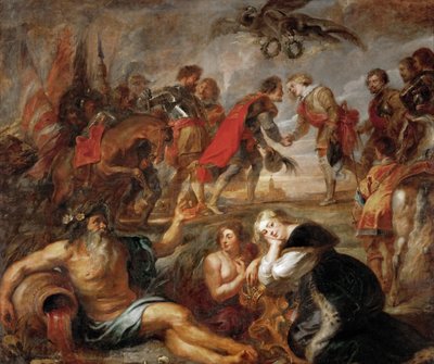 اللقاء بين فرديناند الثالث ملك هابسبورغ (1608-1657) ، ملك المجر وبوهيميا وألمانيا والكرديان الرضيع فرديناند من النمسا (1609-1641) قبل معركة نوردلينجن (1634) - لقاء الملك فرديناند من المجر والكاردينال رضيع بواسطة بيتر بول روبنز