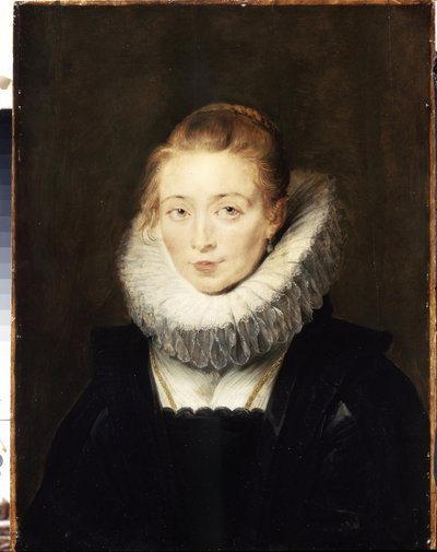 صورة لسيدة في انتظار إنفانتا إيزابيلا (1566-1633). إنها ترتدي طوق الفراولة. (صورة لسيدة تنتظر إنفانتا إيزابيلا). لوحة بيتر بول (بيير بول) روبنز (أو بيتر بول أو بيتروس بولوس) (1577-1640). زيت سو بواسطة بيتر بول روبنز
