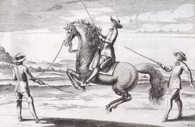 رسم توضيحي لخيول أون Croupade من دراسة جديدة لتربية الخيول كتبها Winters ، Stuterey و Reit-Schul ، pub. 1672 بواسطة بيتر بول تروشيل