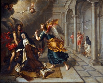 تلتقي القديسة تيريز أوف أفيلا (للطفل يسوع) (1515-1582) بالملاك الذي يخترق قلب لوحته الذهبية التي رسمها بيتر فان ليندت (القرن السابع عشر) ديم. 85x70 سم الجينات ، جاليريا دي بالازو بيانكو بواسطة بيتر فان لينت