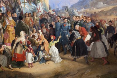 مدخل الملك أوثون الأول ملك اليونان (1815-1876) إلى أثينا ، الذي رحب به الحشد أمام معبد هيفايستوس (هيفايستوس) (هيفايستوس) أو ثسيون في أجورا (اليونان) بواسطة بيتر فون هيس