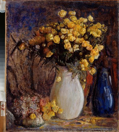 Nenuphars dans un vase blanc (زنابق الماء في إبريق أبيض) - رسم لبيوتر إيفانوفيتش بتروفيتشيف (بيوتر بتروفيتشيف) (1874-1947) ، زيت على قماش - الفن الروسي أواخر القرن التاسع عشر والعشرين ، الحداثة - متحف الدولة الخامس سوريكوف للفنون ، كراسنويارسك (روسيا) بواسطة بيتر إيفانوفيتش بتروفيتشيف