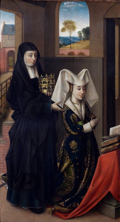"" صورة إيزابيلا البرتغالية (1397-1471) ممثلة بالقديسة إليزابيث "" (إيزابيل البرتغال مع القديسة إليزابيث) لوحة لبتروس كريستوس (1410 / 20-1475 / 76) - 1457-1460 - زيت على خشب قاتم 59x33 سم متحف جرونينج ، بروج بواسطة بيتر المسيح