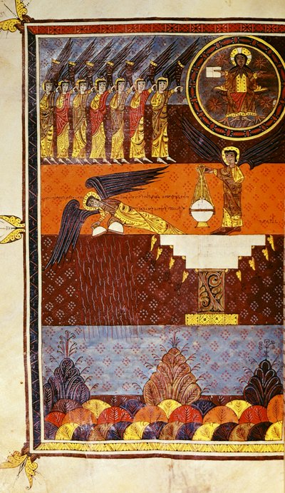 f.126 سبعة ملائكة مع الأبواق ، من Beatus Apocalypse من Santo Domingo de Silos بواسطة بيتر بيتر