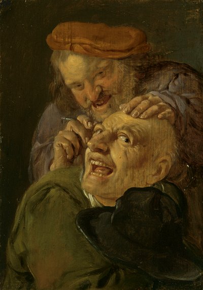 الشعور: الحلاق يعامل الرجل. من سلسلة تجسيدات الحواس الخمس حوالي 1635 - 66 (زيت على خشب) بواسطة بيتروس ستافرينوس