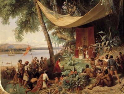أول قداس في أمريكا (القرن الخامس عشر) في كوبا عام 1494 رحلة ثانية من كولومبوس إلى هافانا). التفاصيل. لوحة بلانشارد فاراموند (1805-1873) بواسطة Pharamond Blanchard