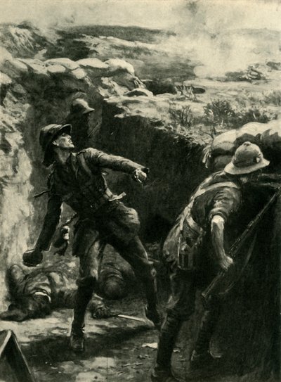 الملازم فورشو يرمي القنابل باستمرار ، جاليبولي ، الحرب العالمية الأولى ، 1915 ، c1920. بواسطة فيليب داد