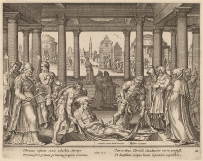 رجال أتقياء يحملون القديس ستيفن إلى دفنه بواسطة Philip Galle after Maerten van Heemskerck