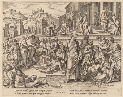 القديس بطرس شفاء المريض بظله بواسطة Philip Galle after Maerten van Heemskerck