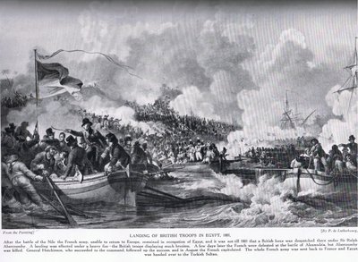 إنزال القوات البريطانية في مصر عام 1801 ، صورة من "تاريخ الأمم لهتشينسون" بواسطة فيليب جاك دو لوبيرج