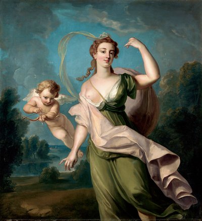 إلهة الحب (أفروديت أو فينوس). يرافقها كيوبيد بقوس وسهم. لوحة لفيليب مرسييه (1689-1760). لوحة زيتية على قماش. الحجم: 162.5 × 149.9 سم مجموعة خاصة بواسطة فيليب ميرسير