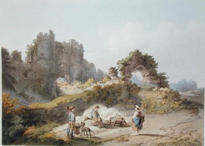 بوابة قلعة Carisbrook ، من "المشهد الرومانسي والرائع لإنجلترا وويلز" ، تم نشره عام 1805 (نقش ملون) بواسطة فيليب دي (بعد) لوثيربورغ