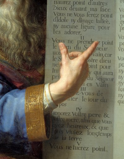 موسى ولوح الشريعة ، تفاصيل يد موسى تظهر الوصايا العشر. رسم فيليب دي شامبين (1602-1674) Ec. Flam. بواسطة فيليب دي شامبين