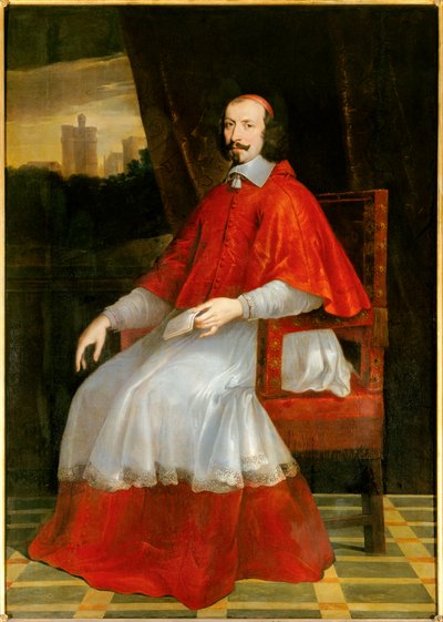 Portrait in foot of Cardinal Jules Mazarin (Giulio Raimondo Mazzarino or Mazarino) (1602-1661) The cardinal sits behind him a view of the Chateau de Vincennes. Painting by Philippe de Champaigne (1602-1674). Sun 2.05 X 1.44 m. Chantilly, musee de Conde - F بواسطة فيليب دي شامبين