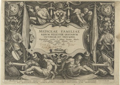 Titelprent van de serie Mediceae Familiegeschiedenis van het geld De 'Medici (عنوان السلسلة) Mediceae Familiae rerum felicitere gestarum victoriae et triumph (عنوان السلسلة على الكائن) بواسطة فيليبس جالي
