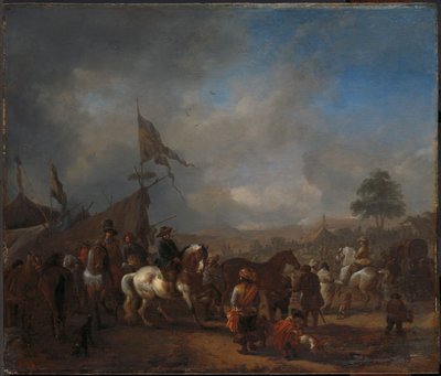 معرض للخيول بالقرب من معسكر للجيش، حوالي 1665-1668 (لوحة زيتية على لوحة) بواسطة Philips Wouwermans أو Wouwerman