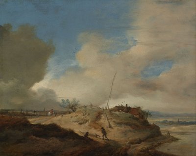 منظر طبيعي للكثبان الرملية مع عمود إشارة، حوالي 1651-1653 (زيت على لوحة) بواسطة Philips Wouwermans أو Wouwerman