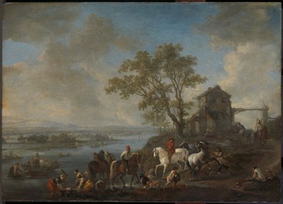 بركة خيل على نهر، حوالي 1662-1663 (زيت على لوحة) بواسطة Philips Wouwermans أو Wouwerman