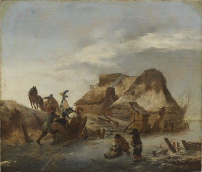 Un noble en traineau sur la glace - مزلقة نوبل على الجليد ، بقلم وويرمان ، فيليبس (1619-1668). زيت على خشب ، ج. ١٦٤٦. الأبعاد: ٣٦ × ٤٣ سم. المتحف الوطني ستوكهولم بواسطة Philips Wouwermans أو Wouwerman