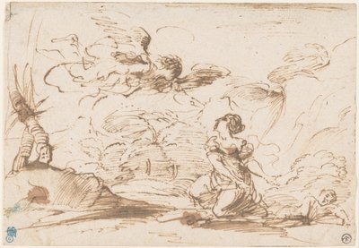 ظهور الملاك لهاجر وإسماعيل في البرية، حوالي عام 1645 (قلم رصاص وحبر بني مع غسيل بني على ورق مصقول) بواسطة بيير فرانشيسكو مولا