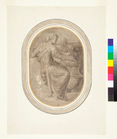 عرافة مع مزهرية واثنين من Putti ، حوالي 1540s (رسم بالفرشاة باللون البني الغسل مع بعض الأقلام التي تم رفعها باللون الأبيض على أرضية رمادية) بواسطة بييرو (Attr. To) Ligorio