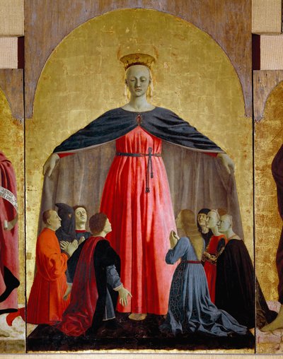 Polyptic of Misericorde: عذراء Misericorde ، محاطة بالقديسين. التفاصيل تصور مريم العذراء. الرسم على الخشب لبييرو ديلا فرانشيسكا (1415 / 20-1492) 1445-1460 خافت. 134x91 سم Sansepolcro ، Pinacoteca Comunale بواسطة بييرو ديلا فرانشيسكا