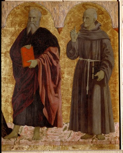 Polyptic of Misericorde: عذراء Misericorde ، محاطة بالقديسين. التفاصيل تصور القديس أندريه والقديس برناردينو من سيينا (برناردينو دا سيينا أو برناردينو ديجلي ألبيزيشي بواسطة بييرو ديلا فرانشيسكا