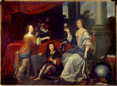 صورة لويز فرانسواز دي لا بوم لو بلان ، دوقة دي لا فاليير (مدام دي لا فاليير) (1644-1710) ، المفضلة لدى لويس الرابع عشر وأطفالها مادموزيل دي بلوا ولوحة كونت فيرماندوا بقلم بيير مينيارد (1612-1695) . القرن السابع عشر الشمس بواسطة بيير (بعد) مينارد