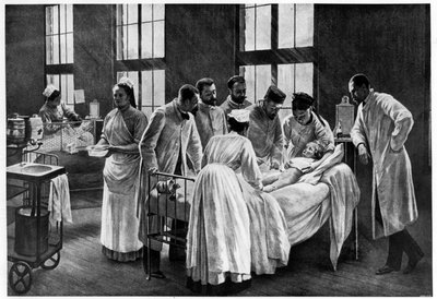 Le Croup à l'hopital Trousseau ، بواسطة Andre Brouillet - The Croup Cured بواسطة دكتور Roux ، نقش بواسطة E. Buval (لون ليثو) ، Brouillet ، Pierre Andre (1857-c.1920) (بعد) / Musee de la Ville de Paris ، متحف كارنافالي ، باريس ، فرنسا بواسطة بيير أندريه (بعد) برويليه