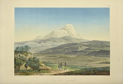 منظر لكاجامبي ، محفور بواسطة بوكيه ، رسم توضيحي من "مناظر كورديليراس والآثار للشعوب الأصلية في أمريكا" بقلم ألكسندر فون هومبولت وأيم بونبلاند بواسطة بيير أنطوان (بعد) مارشايس