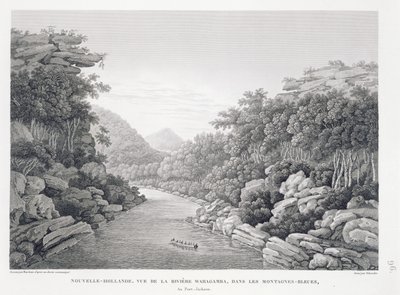نيو هولاند: منظر لنهر واراجامبا في الجبال الزرقاء ، من "Voyage Autour du Monde (1817-20)" ، بقلم لويس كلود ديساولس دي فريسينت (1779-1842) ، منقوش بواسطة شرودر ، نشر 1822-24 (li بواسطة بيير أنطوان مارشيس