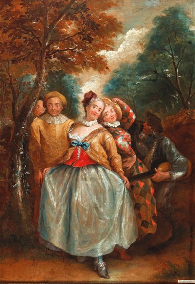مشهد من Commedia dell'Arte مع كولومبينا وهارلكوين وبييرو. بواسطة بيير أنطوان كويلارد
