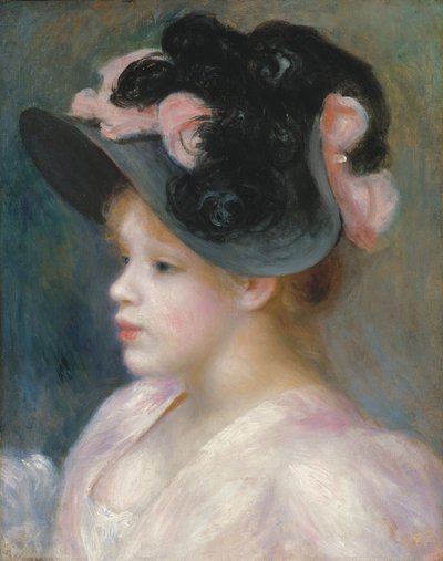 فتاة صغيرة ترتدي قبعة باللونين الوردي والأسود ، c.1891 بواسطة Pierre Auguste Renoir