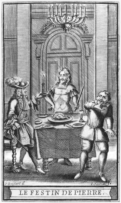 دون خوان و Commendatore ، رسم توضيحي في الواجهة الأمامية من "Don Juan ، أو Le Festin de Pierre" بواسطة Moliere ، محفور بواسطة Jean Sauve (fl.1660-91) edition 1682 بواسطة بيير بريسارت