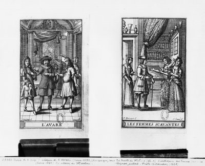 Moliere مثل Harpagon ، صورة في الواجهة الأمامية لـ "The Miser" ، 1668 ، ووجه صورة لـ "Learned Ladies" ، 1672 ، بواسطة Moliere (1622-73) منقوش بواسطة Jean Sauve (fl.1660-91) نُشر في باريس عام 1682 (ب بواسطة بيير بريسارت