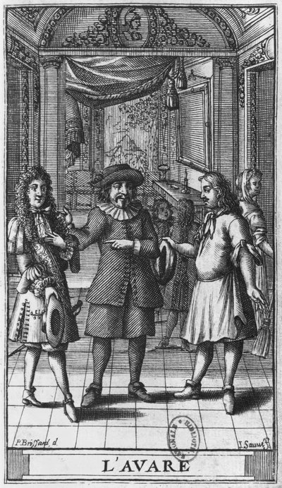 موليير مثل هارباجون ، رسم توضيحي للواجهة الأمامية من "The Miser" بواسطة Moliere ، محفور بواسطة Jean Sauve (fl.1660-91) edition 1682 بواسطة بيير بريسارت