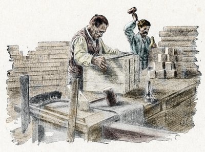 Savonnerie: le découpage des bread de soap (تصنيع قطع الصابون) نقش من "رحلة عبر المهن" لمجموعة بيير كالميت الخاصة بواسطة بيير كالميتيس