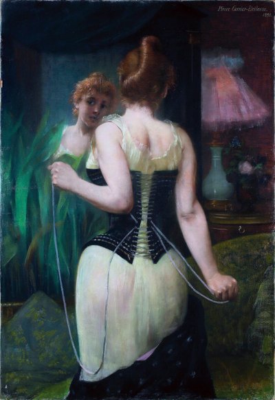 مشد المرأة الشابة الذي يعدل مشدها - شابة تقوم بتعديل مشدها - Peeinture بواسطة Pierre Carrier Belleuse (Carrier-Belleuse) (1851-1933) بواسطة بيير كارير بليوز