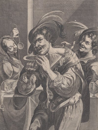 رجل يشرب الحساء بينما يراقبه شخصان ، 1624-1675. بواسطة بيير داريت