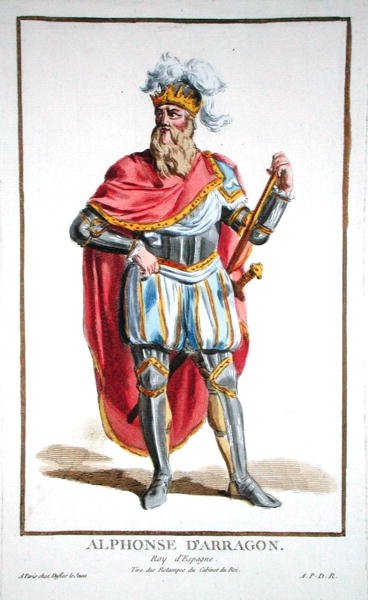 ألفونسو الخامس (1396-1458) ملك أراغون وصقلية ، من "Recueil des Estampes ، يمثل الرتب والكرامات ، متبعًا لزي جميع الدول الموجودة" ، نُشر عام 1780 (نقش ملون يدويًا) بواسطة بيير دوفلوس